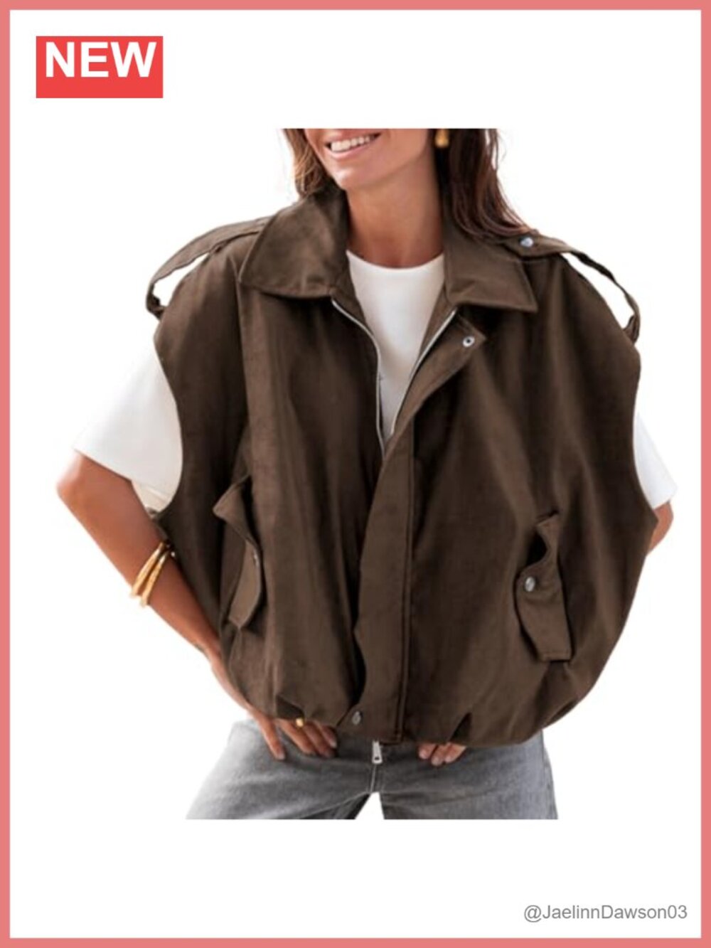 Womens Faux Suede Vest Oversized Cap Sleeve Bomber Jacket